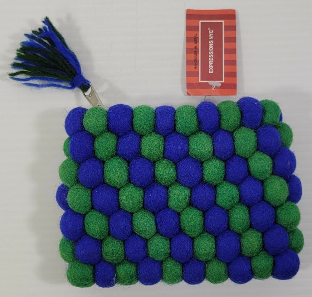 AA) Expressions NYC Wristlet Mini Clutch Blue Green Wool Balls Handmade Nepal